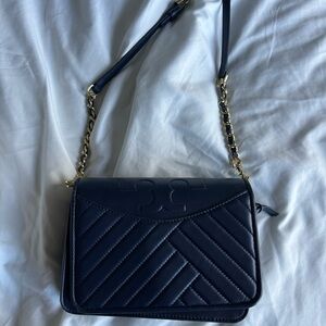 Tory Burch Quilted Navy Shoulder Bag with Gold Chain Strap